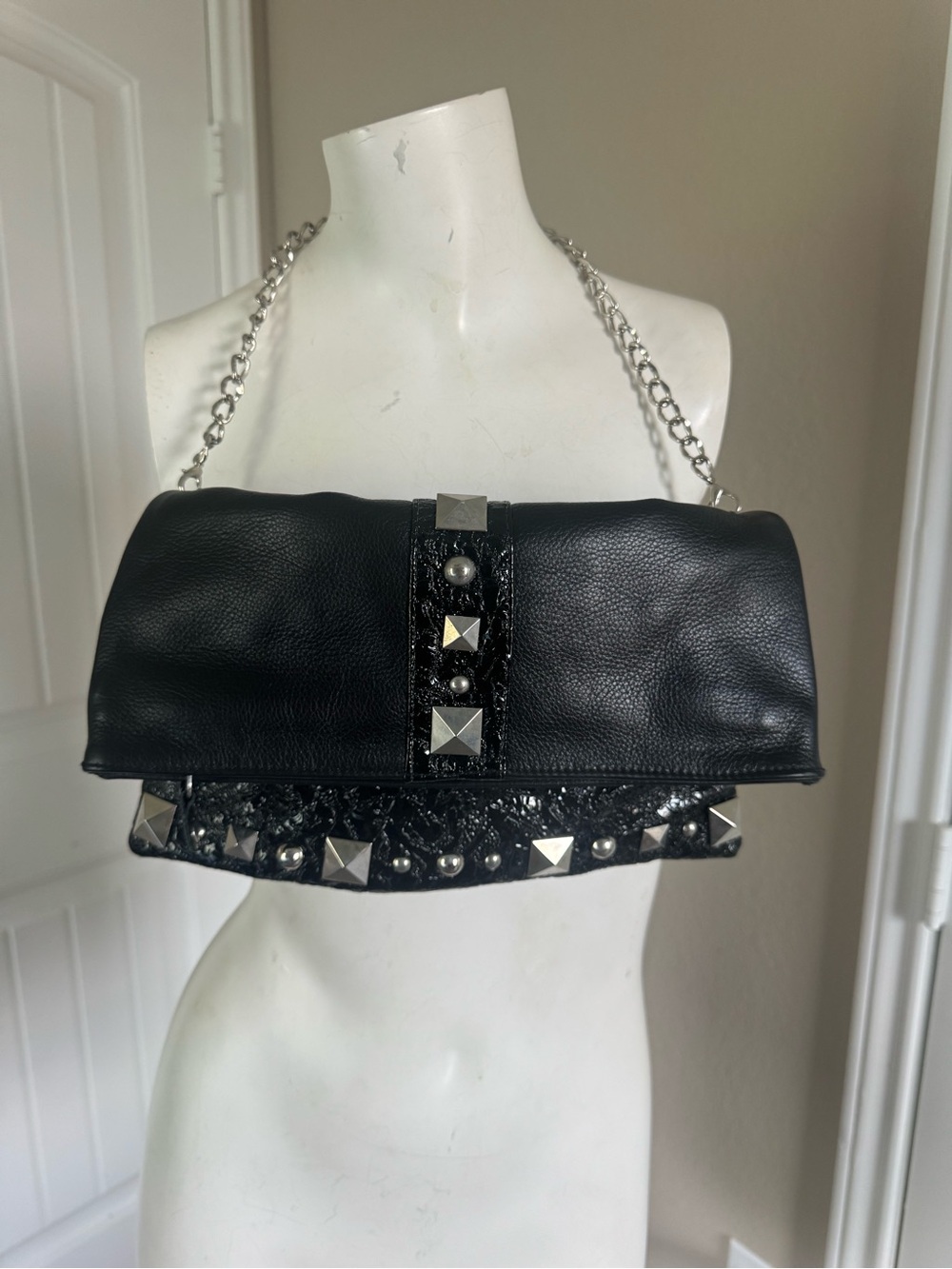 Black Studded reversible leather clutch with removable Chain Strap